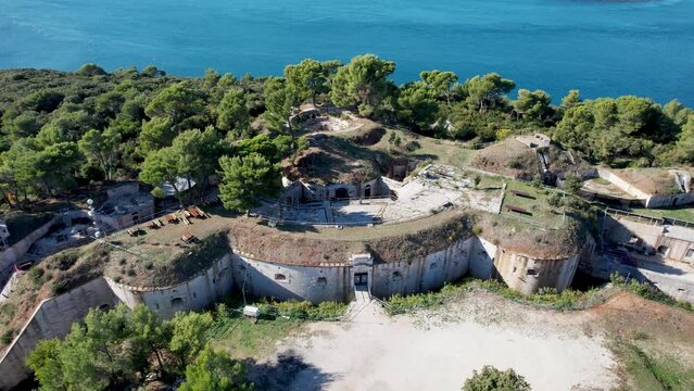 Fast Side Pan of Abandoned Soviet Fort Bourguignon Pula Croatia Istira Adriatic Coast Summer Day Drone 4k