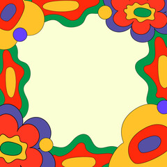 Vintage vector frame templates in the hippie style of the 70s and 60s. Psychedelic social networks with floral shapes. Bright square for wallpaper and back. Space for text.