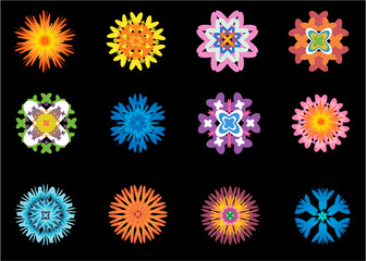 Colorful blooming flowers icons with daisies, gerberas, violets, cornflowers, asters and marigolds on a black background. Colored flowers