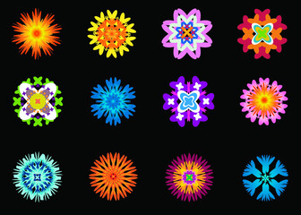 Colorful blooming flowers icons with daisies, gerberas, violets, cornflowers, asters and marigolds on a black background. Colored flowers