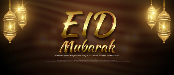 Beautiful banner with lanterns and editable golden eid mubarak lettering