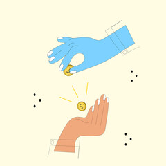 A set of hands with a gold coin. The concept of a successful business, prosperity. Space for text.