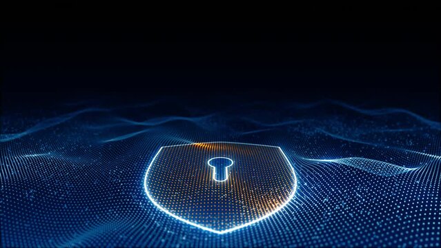 Motion graphic of Blue glowing particle wave with orange security shield logo futuristic technology on abstract background seamless loop video