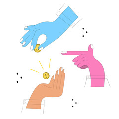 A set of hands with a gold coin. The concept of a successful business, prosperity. Vector icons, stickers, poster. Space for text.