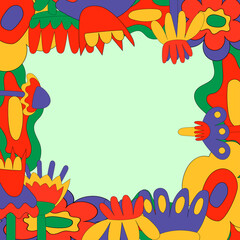 Vintage vector frame templates in the hippie style of the 70s and 60s. Psychedelic social networks with floral shapes. Bright square for wallpaper and back. Space for text.