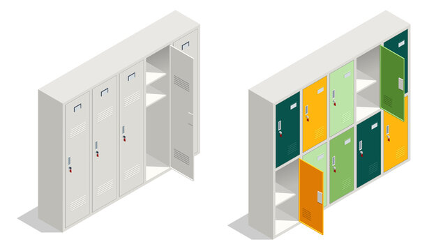 Isometric School lockers isolated in white background. White and coloured school metal locker with open doors.