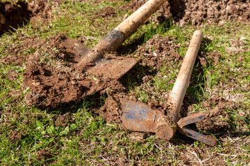 Used farming shovel and hoe with soil on it. Agricultural hoe in selective focus. Gardening, spring, agriculture concept. - obrazy, fototapety, plakaty