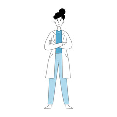 Fototapeta premium Medical consultant, female doctor doodle character. Line cartoon style. Therapist person. Vector illustration isolated.
