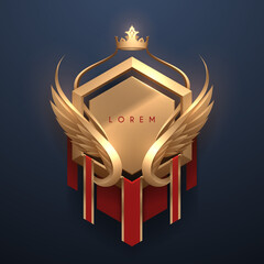 Golden badge template with crown and wings - obrazy, fototapety, plakaty