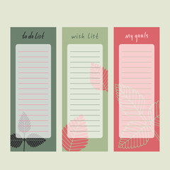 A set of planner cards, to do list, wish list and goals tempalte. Decorated with rose hip leaves, printable vector, soft colors. 