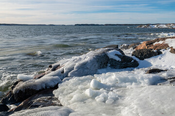 View of the coast and Gulf of Finland in winter, Kopparnas, Inkoo, Finland