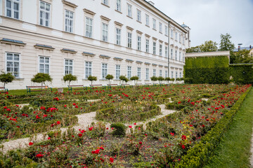 Salzburg, Austria, 28 August 2021: Famous Mirabell gardens near palace, geometrically arranged...