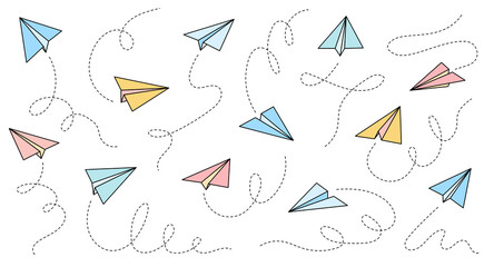 Paper airplane vector icon. Doodle outline style color paper airplane. Simple origami colorful aircraft element. Drawing doodle vector illustration.