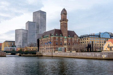 Urban landscape in Malmö with a view of the Malmö canal and Malmö Live.