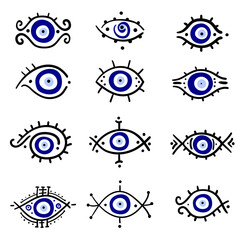 Greek evil eye vector symbol of protection. Amulet icon. Turkish Nazar Boncugu amulet illustration. Believed that it protects against evil eye. Hand drawn collection. Set of blue Turkish eyes