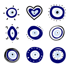 Greek evil eye vector symbol of protection. Amulet icon. Turkish Nazar Boncugu amulet illustration. Believed that it protects against evil eye. Hand drawn collection. Set of blue Turkish eyes