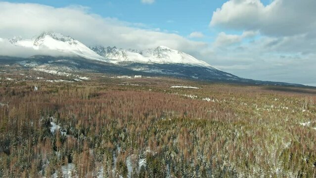 Aerial drone view of High Tatras mountains panorama, Slovakia. Mountain peaks covered with snow in winter. Forest and wild nature, blue sky with clouds. Vysoke Tatry in local speak.