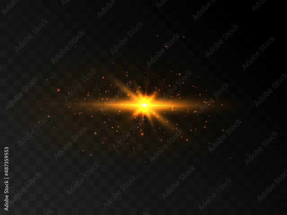 Wall mural Shining light effect isolated on transparent background, yellow light particle glare bright star.