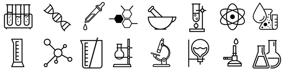 Chemical lab vector icons set. research illustration sign collection. Chemistry and biotechnology symbol.