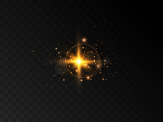 Shining light effect isolated on transparent background, yellow light particle glare bright star.