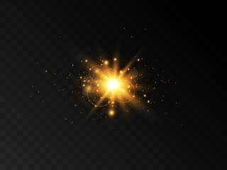 Shining light effect isolated on transparent background, yellow light particle glare bright star.