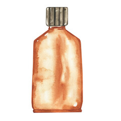 Glass bottle for essential oil isolated on white background. Watercolor hand drawing illustration of cosmetic brown bottle with cap.
