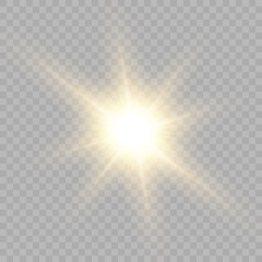 Yellow glowing light burst explosion with transparent. Vector illustration for cool effect decoration with ray sparkles. Bright star. Transparent shine gradient glitter, bright flare. Glare texture.