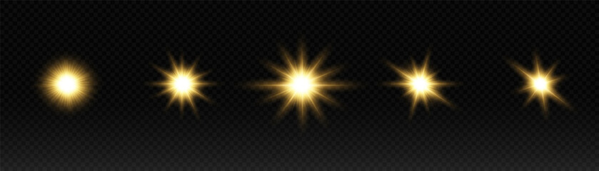 Shining light effect isolated on transparent background, yellow light particle glare bright star.