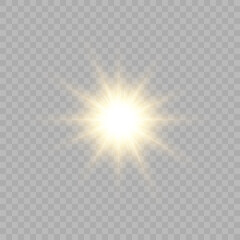 Yellow glowing light burst explosion with transparent. Vector illustration for cool effect decoration with ray sparkles. Bright star. Transparent shine gradient glitter, bright flare. Glare texture.