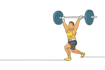 One continuous line drawing of young bodybuilder man doing exercise with a heavy weight bar in gym. Powerlifter train weightlifting concept. Dynamic single line draw design vector graphic illustration