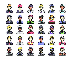 Simple set of 30 Male Occupation Avatar icons in detailed outline color style