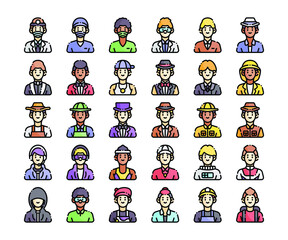 Simple set of 30 Male Occupation Avatar icons in detailed outline color style