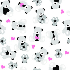 Seamless pattern, black and white bears with pink hearts on a colorless background. Beautiful background for your design, wallpapers, fabrics, textiles, wrapping paper and more.