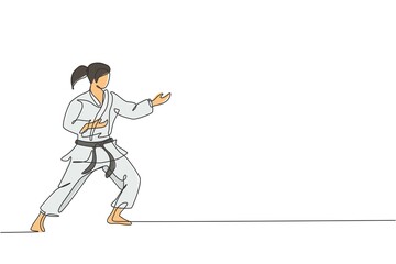 One continuous line drawing of young talented karateka girl train pose for duel fighting at dojo gym center. Mastering martial art sport concept. Dynamic single line draw design vector illustration