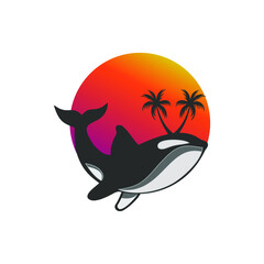 Illustration of Orca whale fish with palm tree on sunset