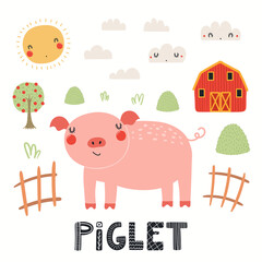 Cute funny pig, piglet, farm landscape, isolated on white. Hand drawn vector illustration. Scandinavian style flat design. Concept for kids fashion, textile print, poster, card, baby shower.