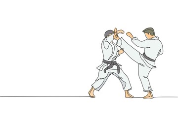 One single line drawing of two young sporty karateka men in fight uniform with belt exercising martial art at gym vector illustration. Healthy sport lifestyle concept. Modern continue line draw design