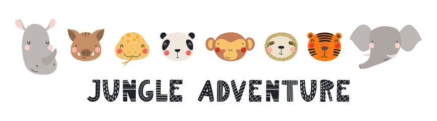 Cute tropical animals faces banner, card, quote Jungle adventure, isolated on white. Hand drawn vector illustration. Scandinavian style flat design. Concept kids fashion, textile print, poster, card