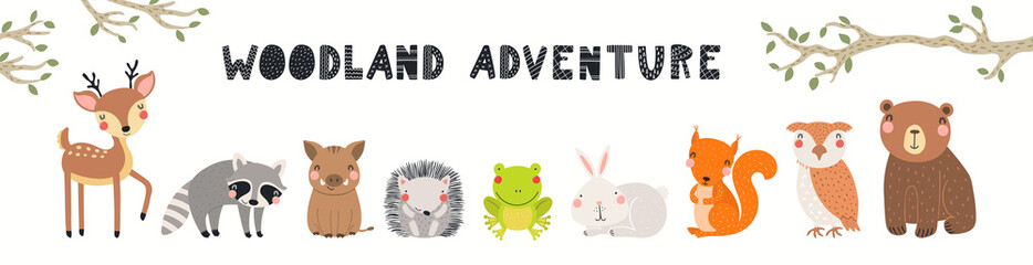 Cute forest animals banner, card, quote Woodland adventure, isolated on white. Hand drawn vector illustration. Scandinavian style flat design. Concept for kids fashion, textile print, poster, card