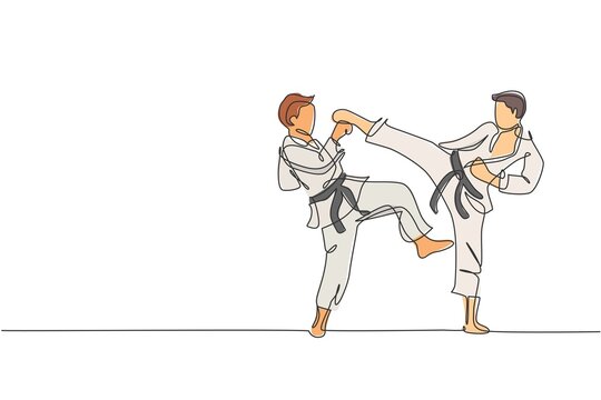 Single continuous line drawing two young confident karateka men in kimono practicing karate combat at dojo. Martial art sport training concept. Trendy one line draw design vector graphic illustration