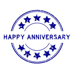 Grunge blue happy anniversary word round rubber seal stamp on white background