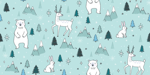 Seamless vector pattern featuring woodland animals in a pretty winter scene. Hand-drawn arctic animals with mountains, trees, snow, and stars. Perfect for winter holidays. © DezziDesign