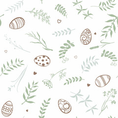 Easter background. Easter eggs, twigs, herbs and flowers. Vector seamless pattern.