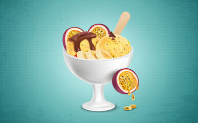 Dragon fruit ice cream with caramel and fruits- vector illustration