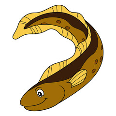 Eel cartoon style illustration with outline. Happy smiling face. Cheerful mascot and character for children. Cute wildlife underwater creature for zoo or aquarium logo or clip art.