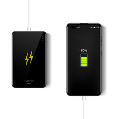 Smartphone is charged from powerbank, realistic and isolated vector illustration
