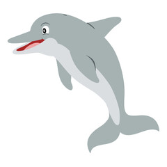 Gray dolphin flat style illustration. Happy smiling face, jumping. Cheerful mascot and character for children. Cute wildlife underwater creature for zoo or aquarium logo or clip art.