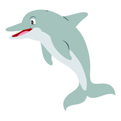 Gray dolphin flat style illustration. Happy smiling face, jumping. Cheerful mascot and character for children. Cute wildlife underwater creature for zoo or aquarium logo or clip art.