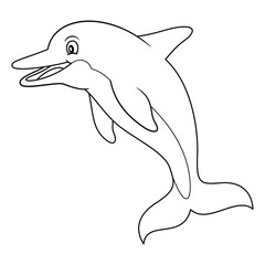 Dolphin line art illustration. Happy smiling face, jumping. Cheerful mascot and character for children and kids coloring book or coloring pages. Uncolored blank outline image on white background.