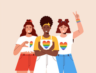 LGBT pride month. Multicultural women showing support for lgbt community. Multicultural Lgbt youth.  Pride month celebration against violence, discrimination, human rights.Banner. Landing page